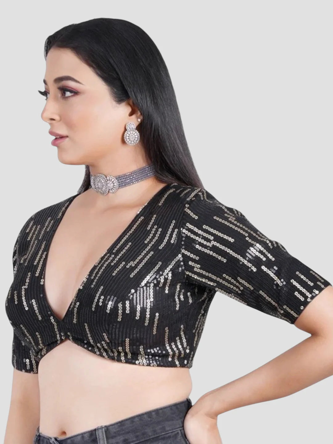 Black Sequence V Neck Half Sleeves Readymade Blouse
