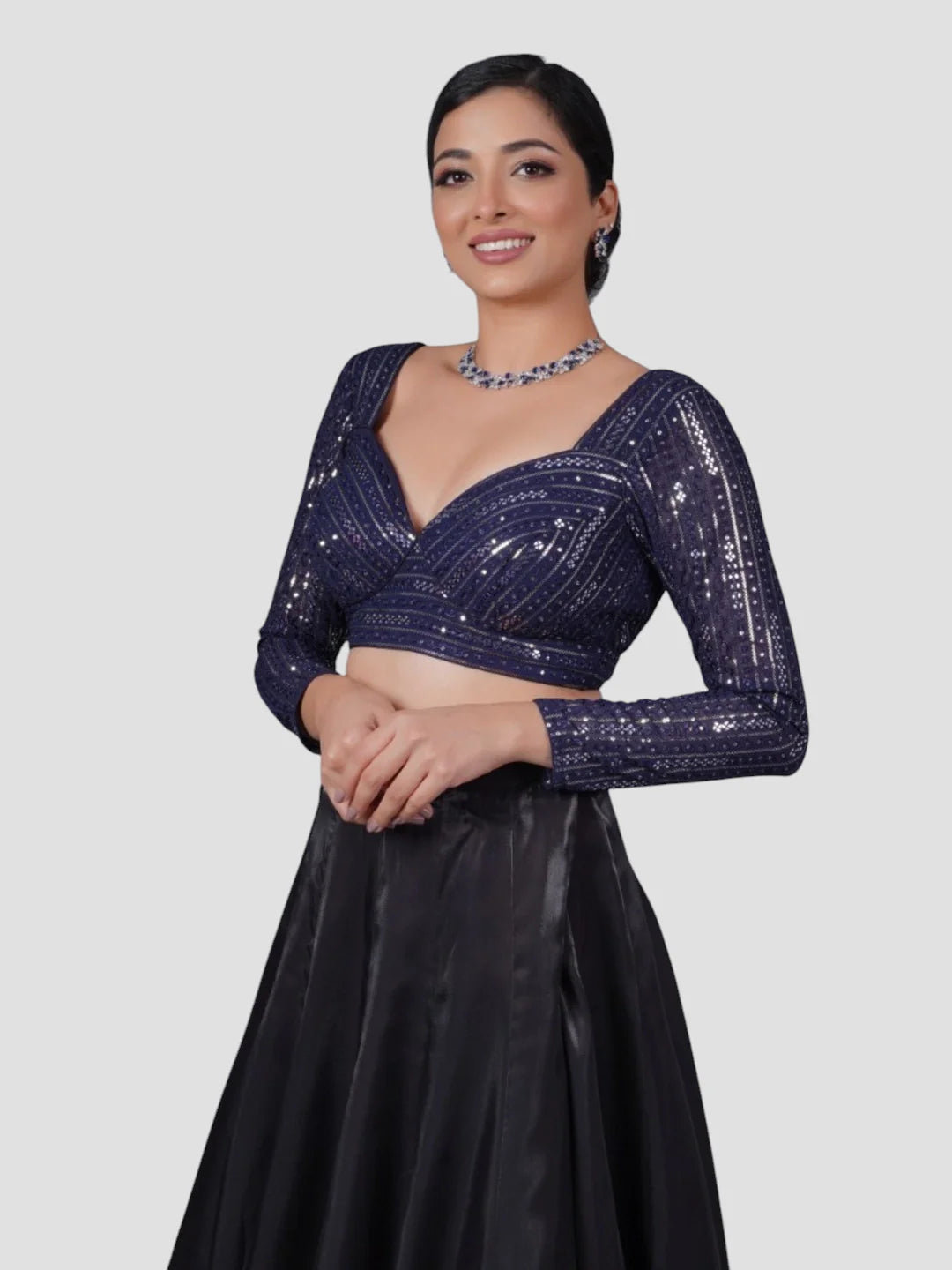 Navy Blue Georgette Deep Neck Full Sleeves Readymade Blouse