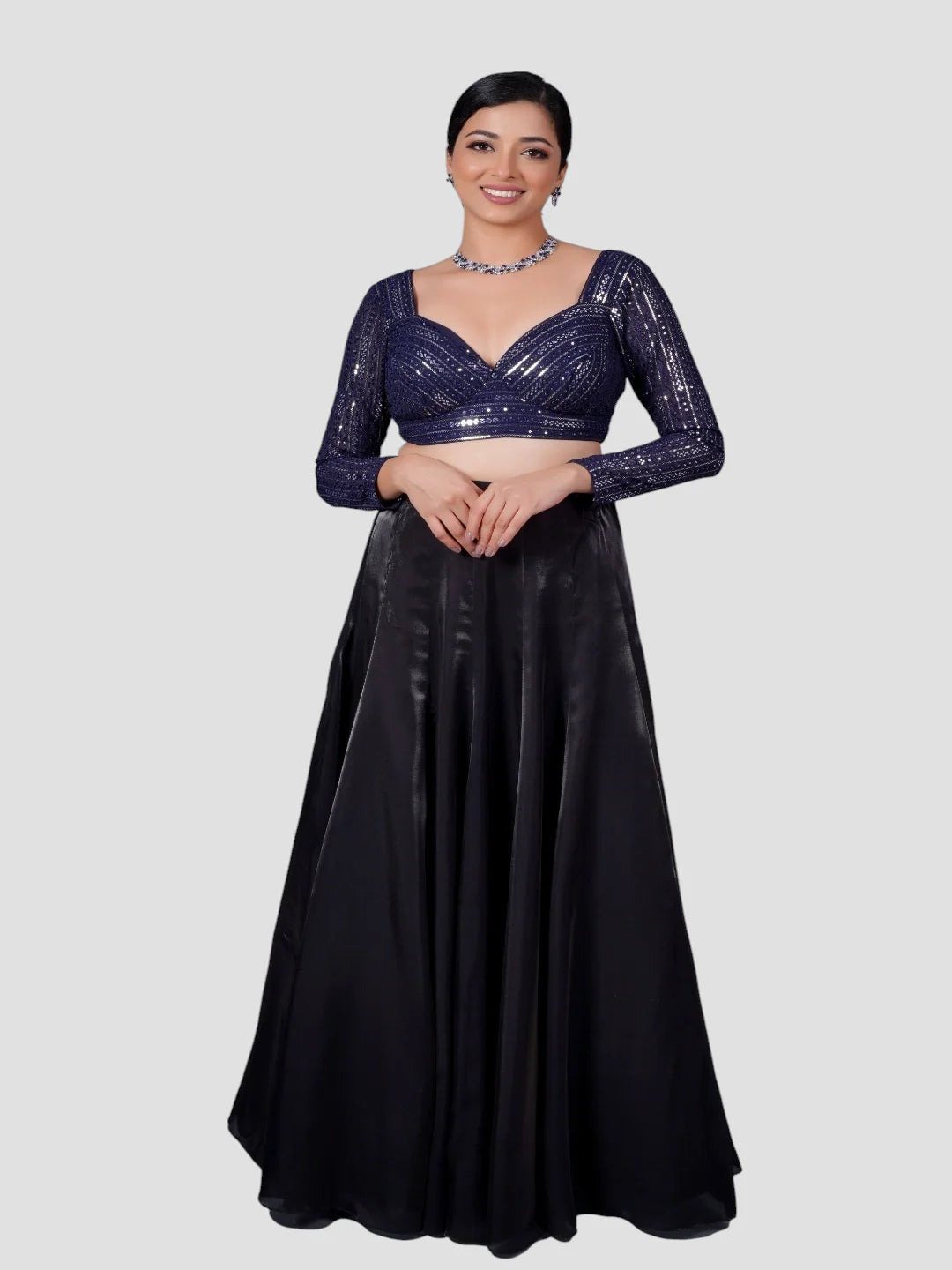 Navy Blue Georgette Deep Neck Full Sleeves Readymade Blouse