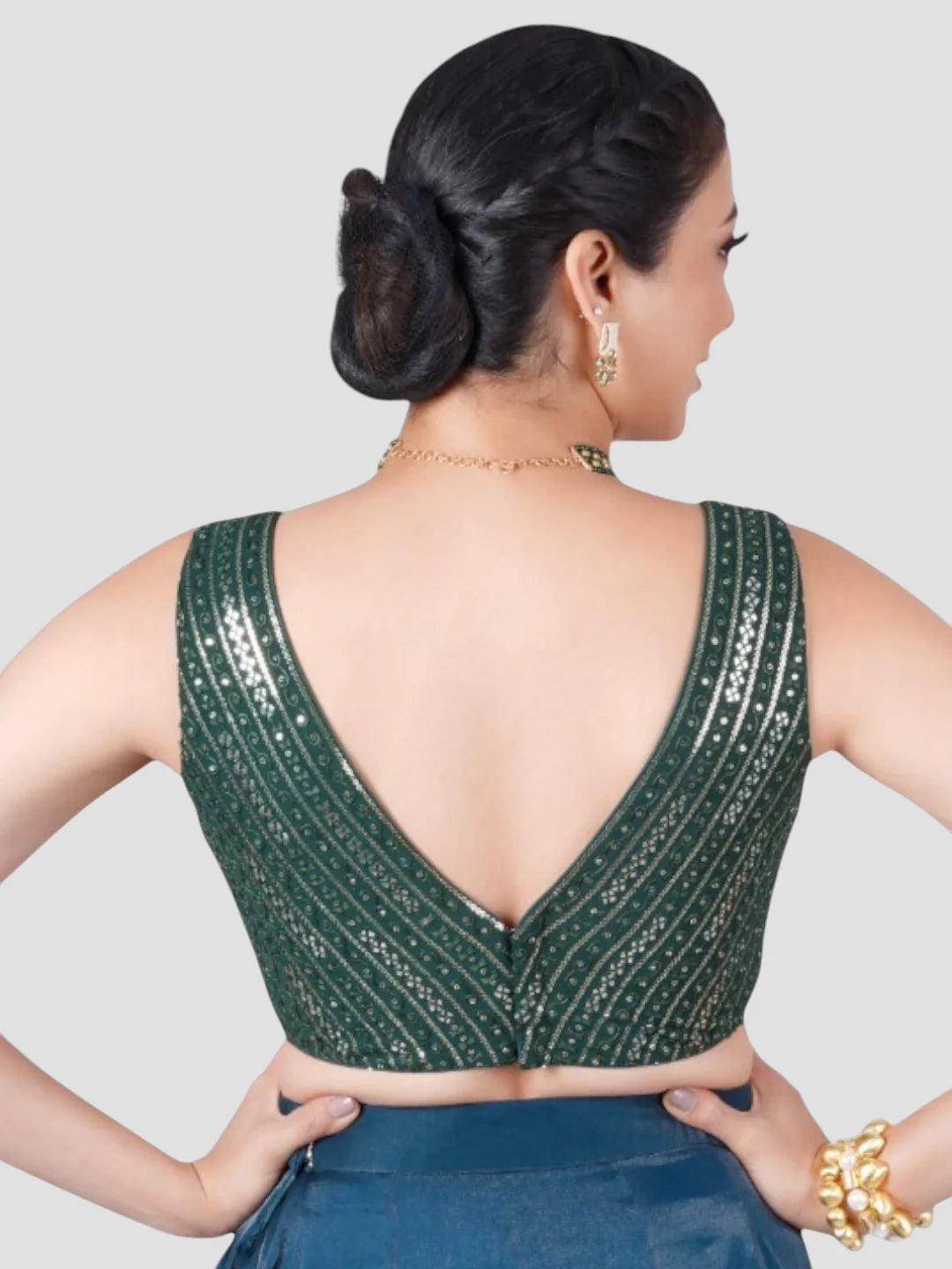 Green Sequence Threadwork Sleeveless Readymade Saree Blouse