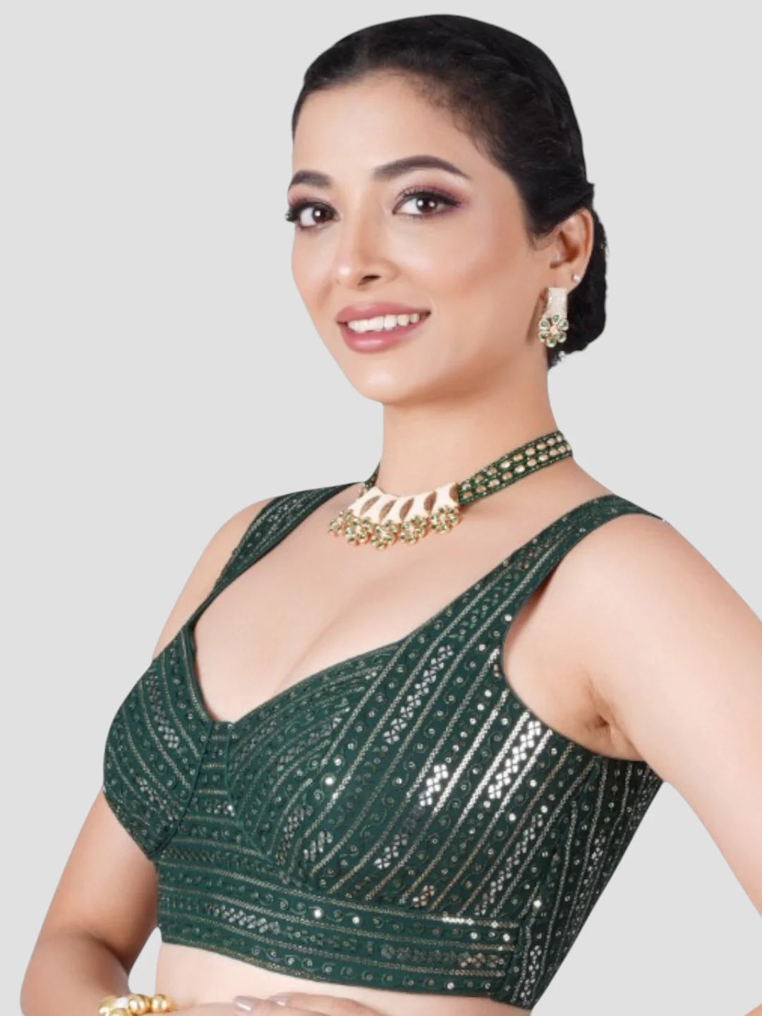 Green Sequence Threadwork Sleeveless Readymade Saree Blouse