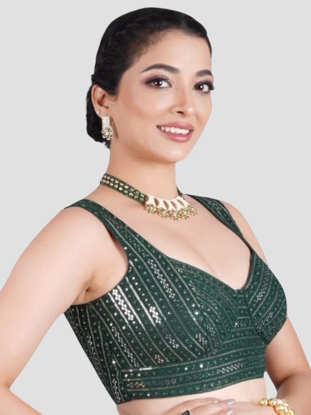 Green Sequence Threadwork Sleeveless Readymade Saree Blouse