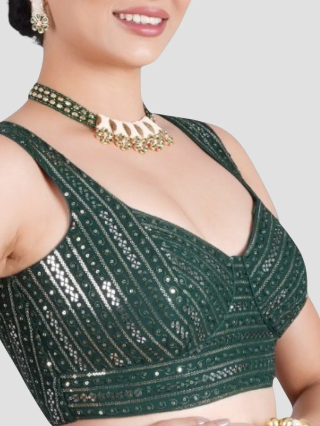 Green Sequence Threadwork Sleeveless Readymade Saree Blouse