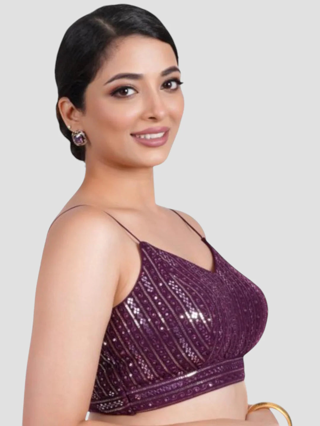 Wine Sequence V Neck Sleeveless Readymade Blouse