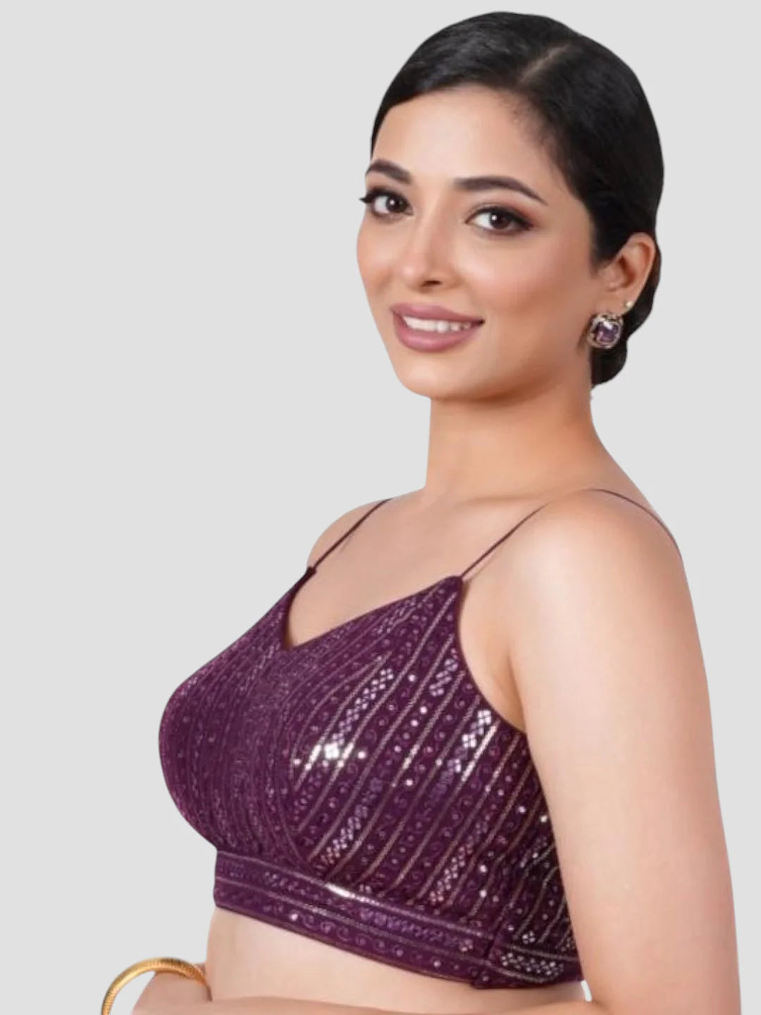 Wine Sequence V Neck Sleeveless Readymade Blouse