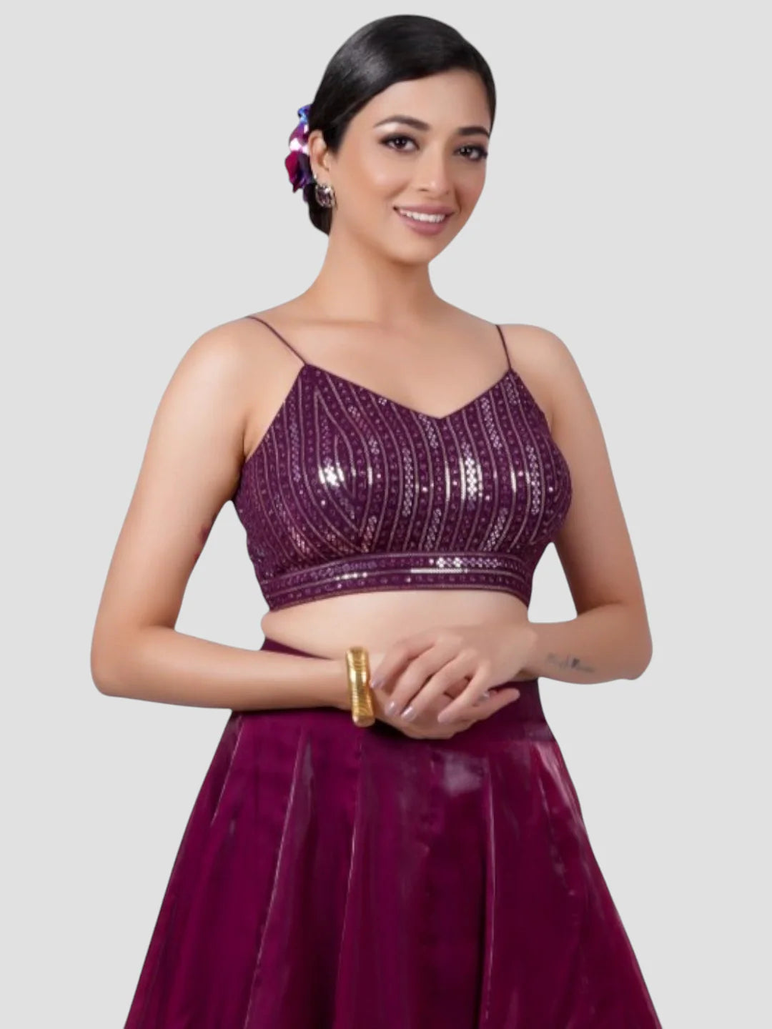 Wine Sequence V Neck Sleeveless Readymade Blouse