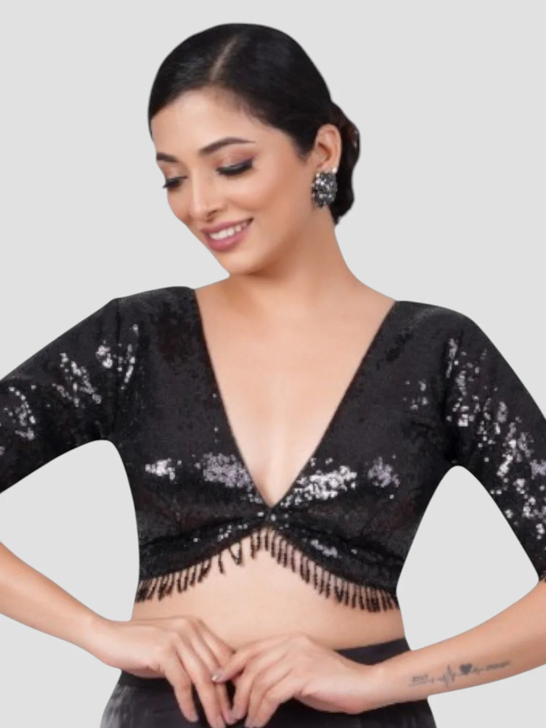 Black Sequence Deep Neck Half Sleeves Readymade Saree Blouse