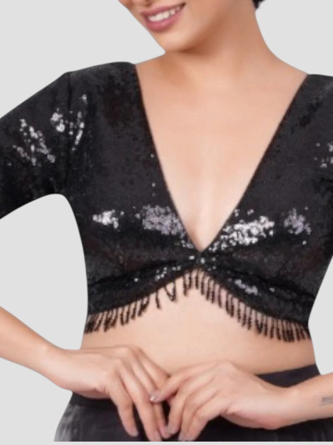 Black Sequence Deep Neck Half Sleeves Readymade Saree Blouse