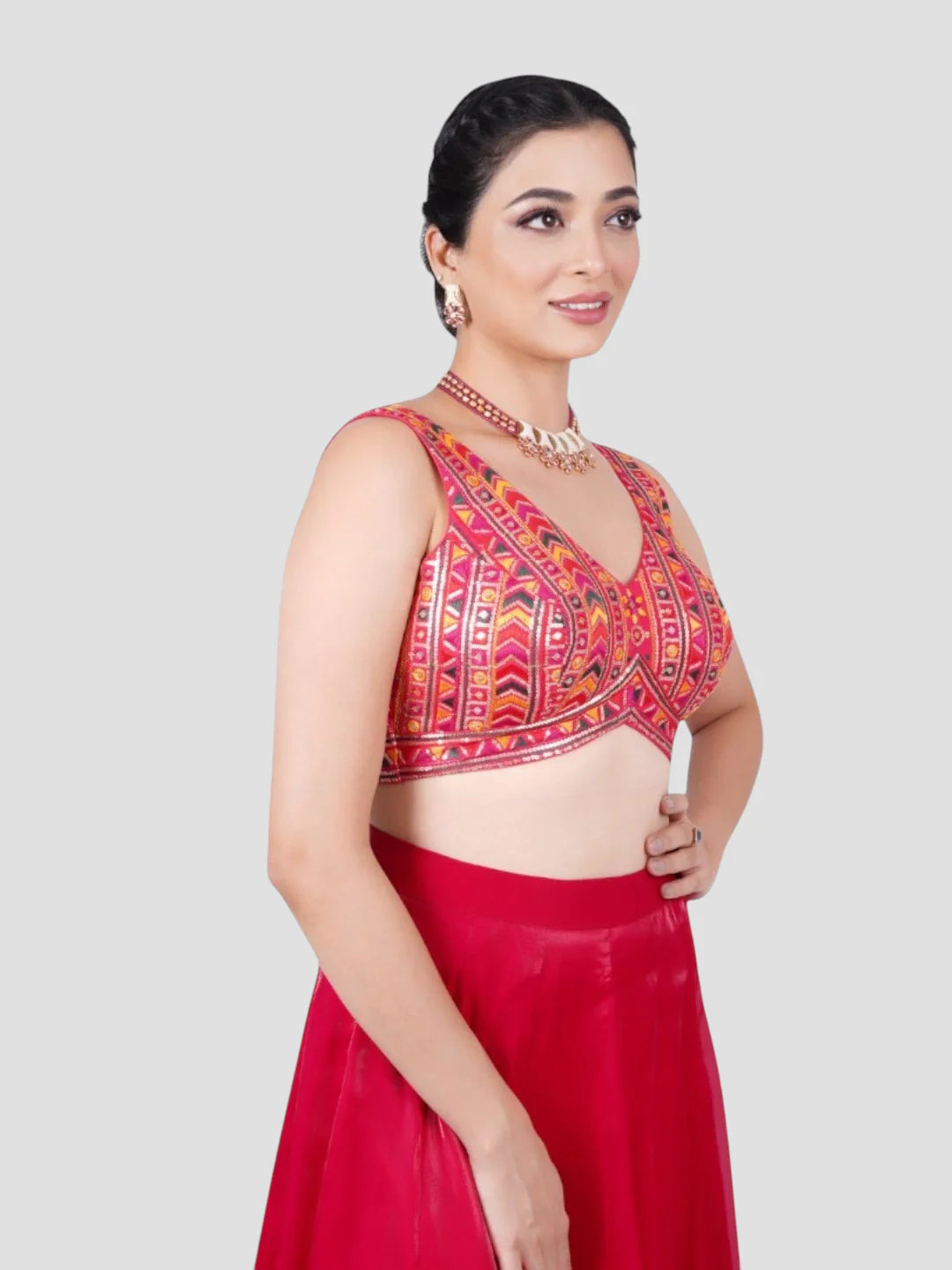 Rani Pink Sequence Threadwork V Neck Sleeveless Readymade Saree Blouse