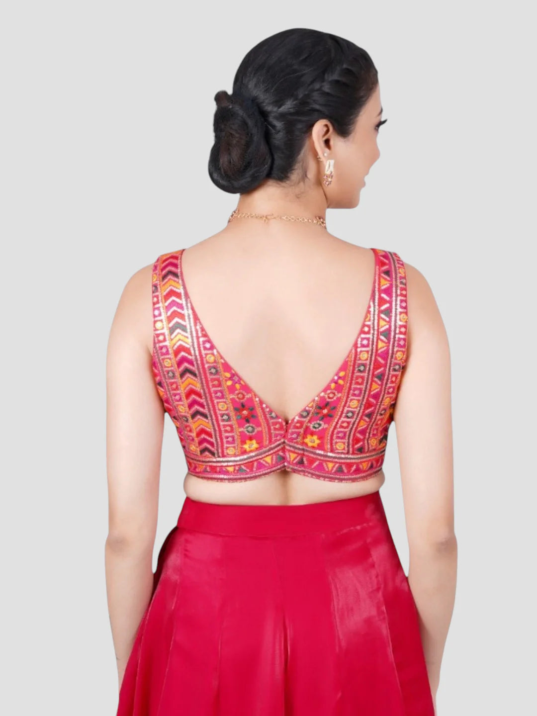 Rani Pink Sequence Threadwork V Neck Sleeveless Readymade Saree Blouse