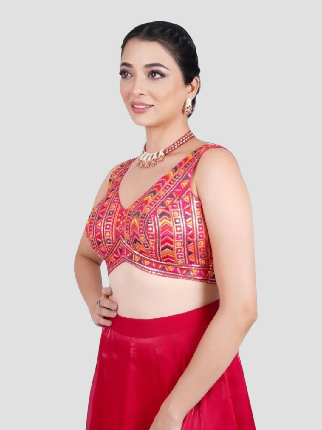 Rani Pink Sequence Threadwork V Neck Sleeveless Readymade Saree Blouse