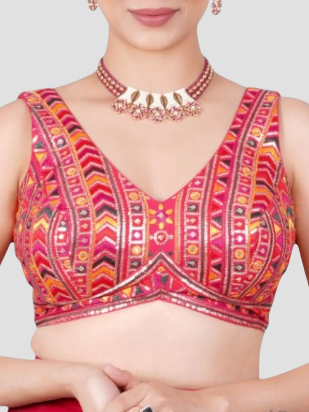 Rani Pink Sequence Threadwork V Neck Sleeveless Readymade Saree Blouse