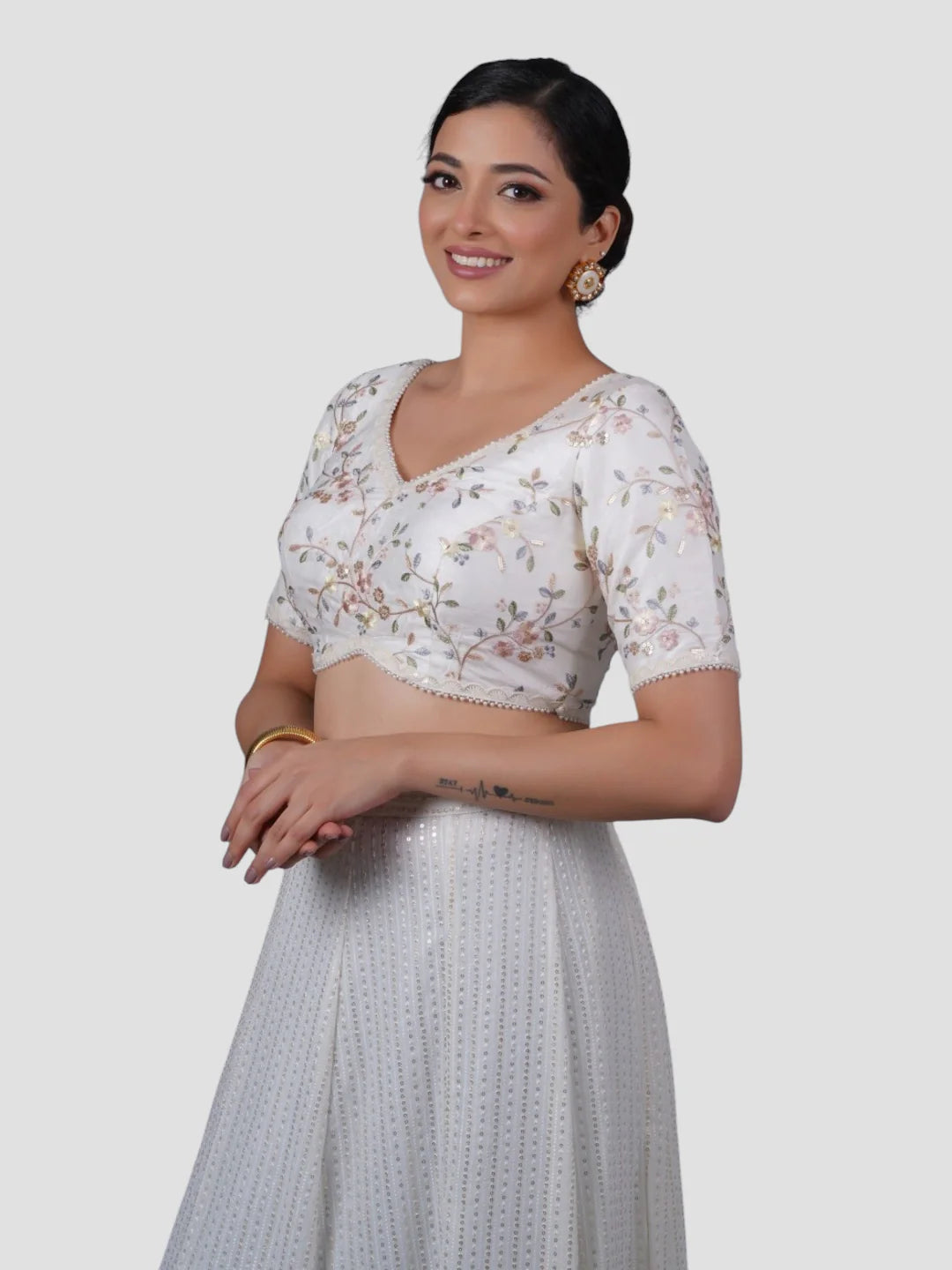 White Silk V Neck Half Sleeves Readymade Blouse