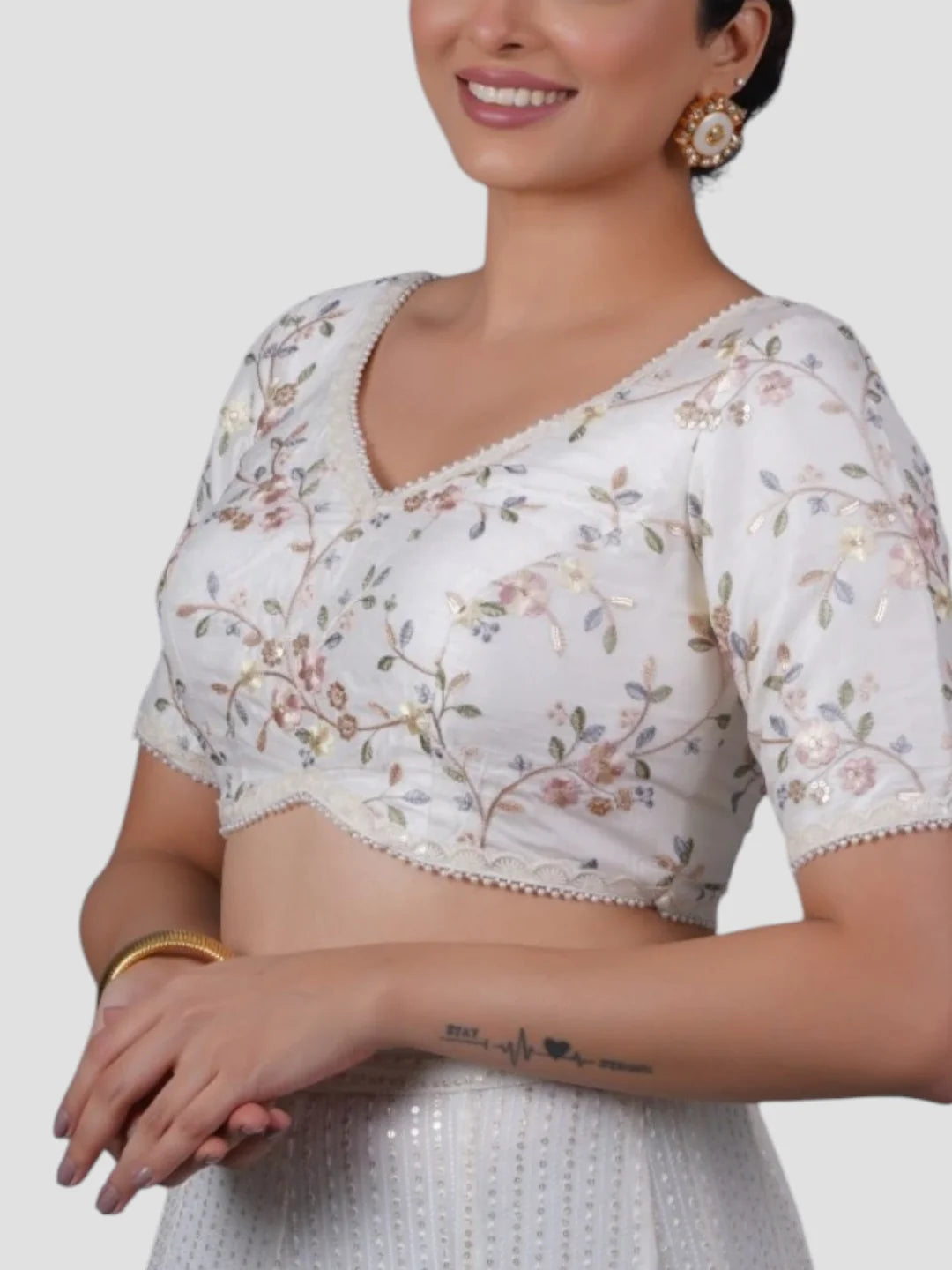 White Silk V Neck Half Sleeves Readymade Blouse