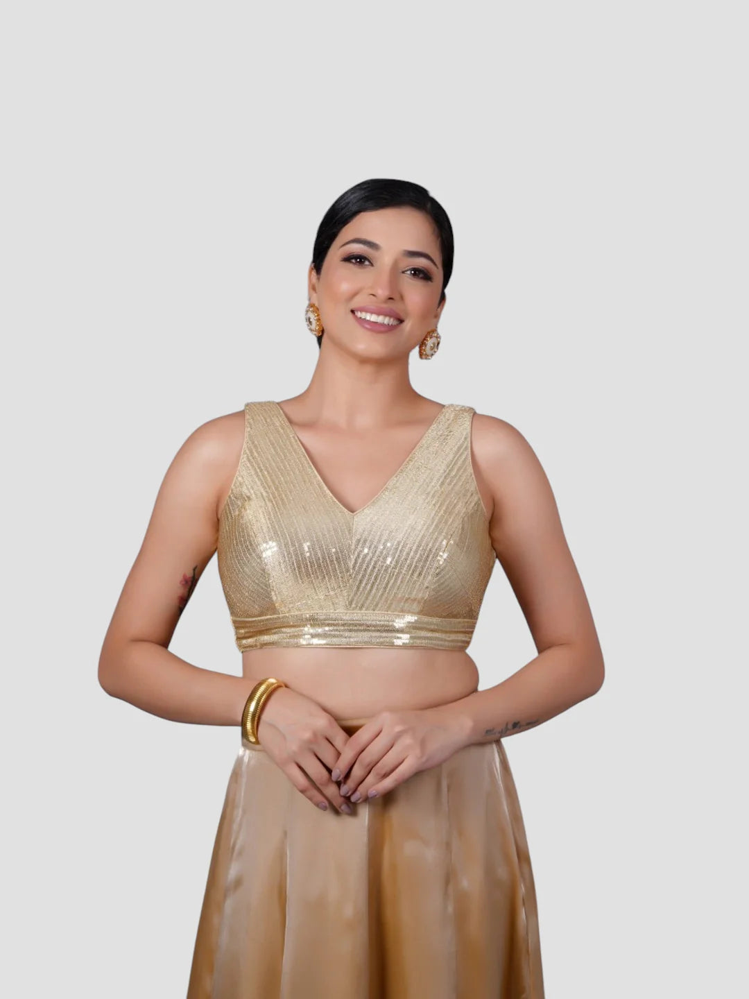 Gold Sequence V Neck Sleeveless Readymade Blouse