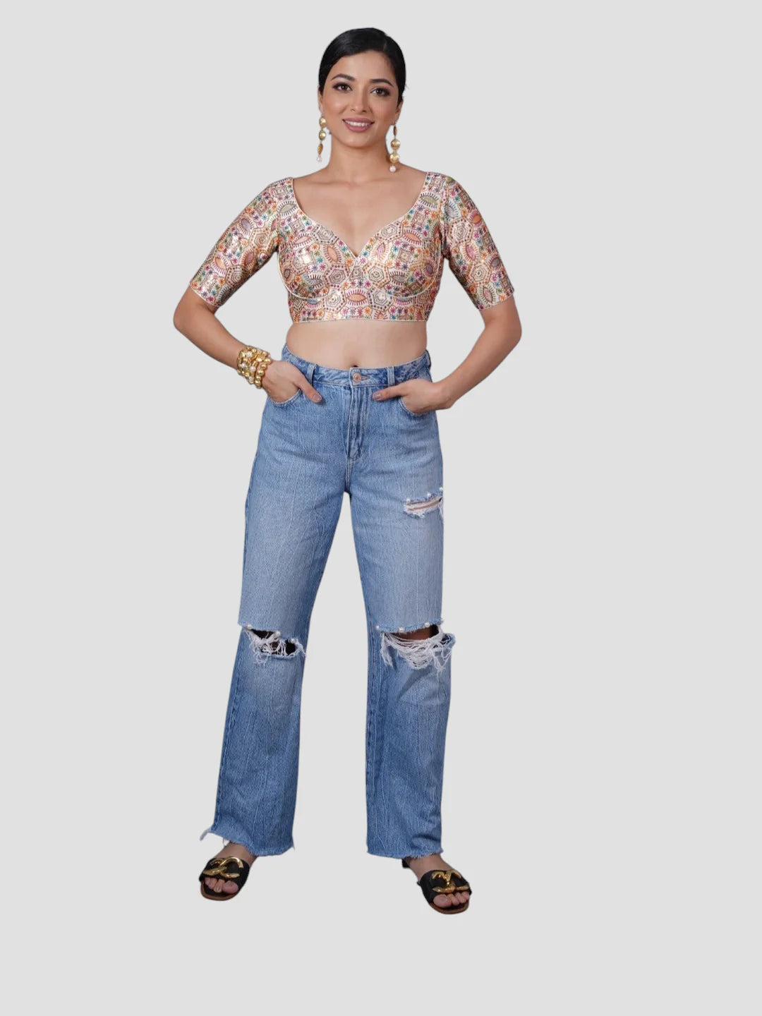 Multicolor Silk Deep Neck Half Sleeves Readymade Blouse