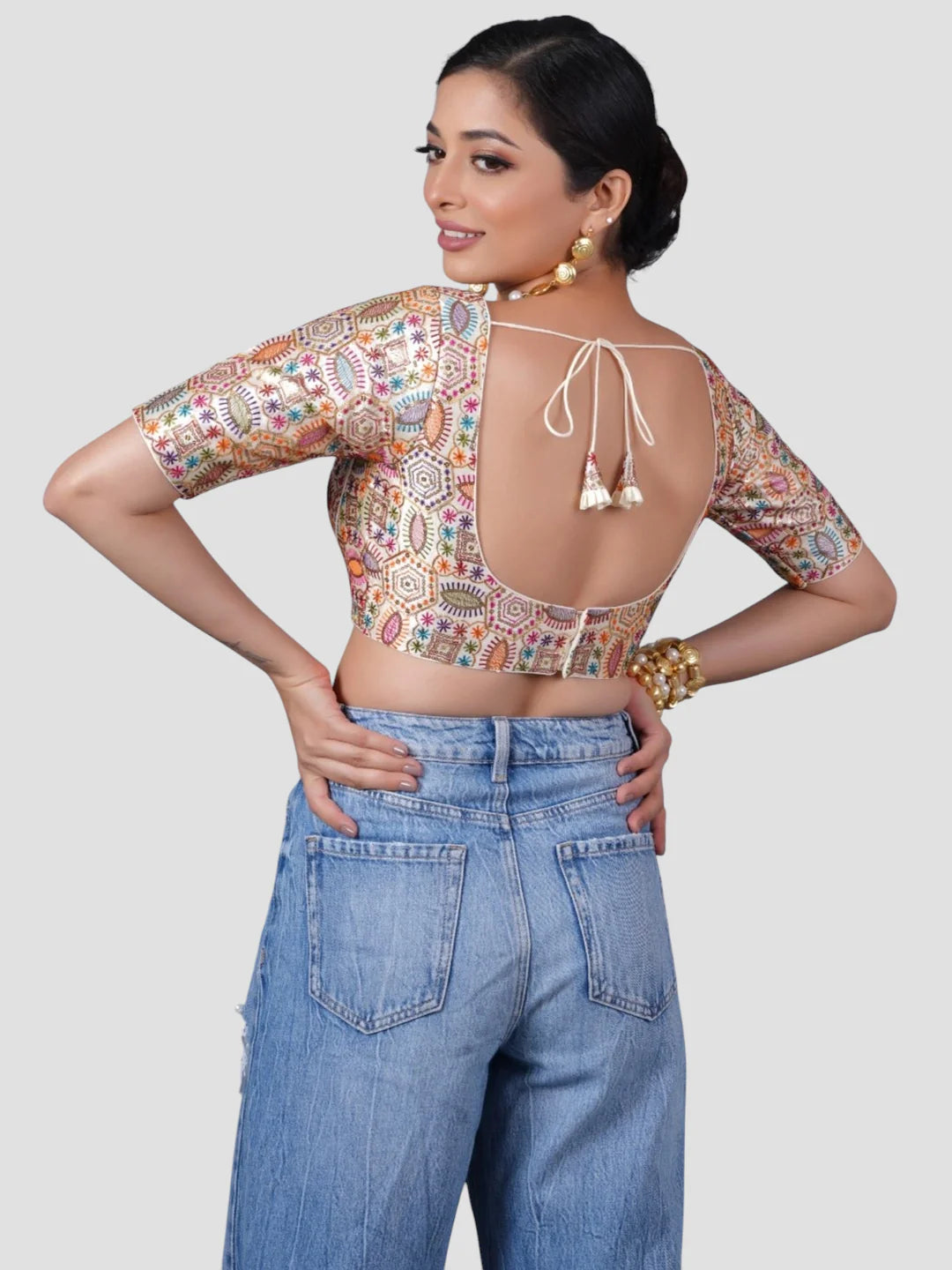 Multicolor Silk Deep Neck Half Sleeves Readymade Blouse