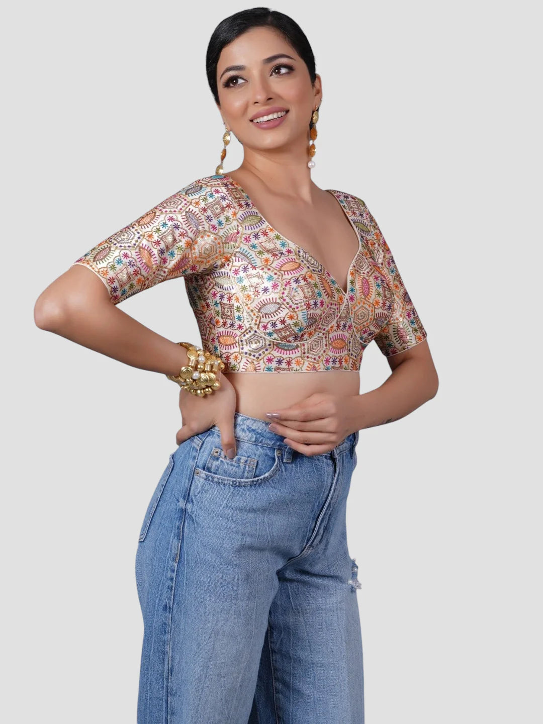 Multicolor Silk Deep Neck Half Sleeves Readymade Blouse