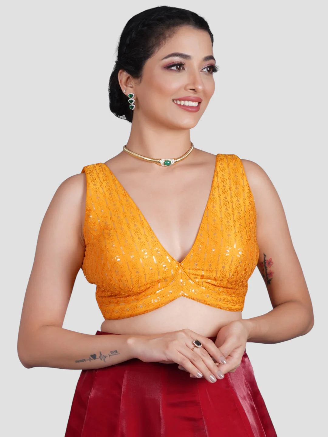 Yellow Sequence Threadwork V Neck Sleeveless Readymade Saree Blouse