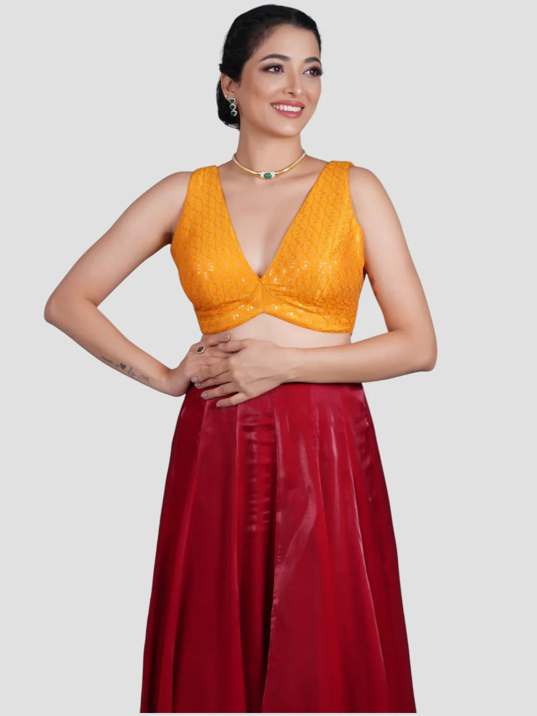 Yellow Sequence Threadwork V Neck Sleeveless Readymade Saree Blouse