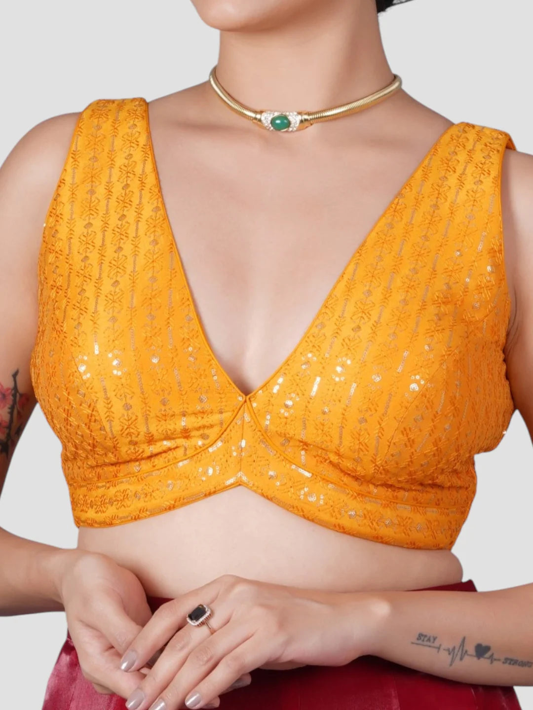 Yellow Sequence Threadwork V Neck Sleeveless Readymade Saree Blouse