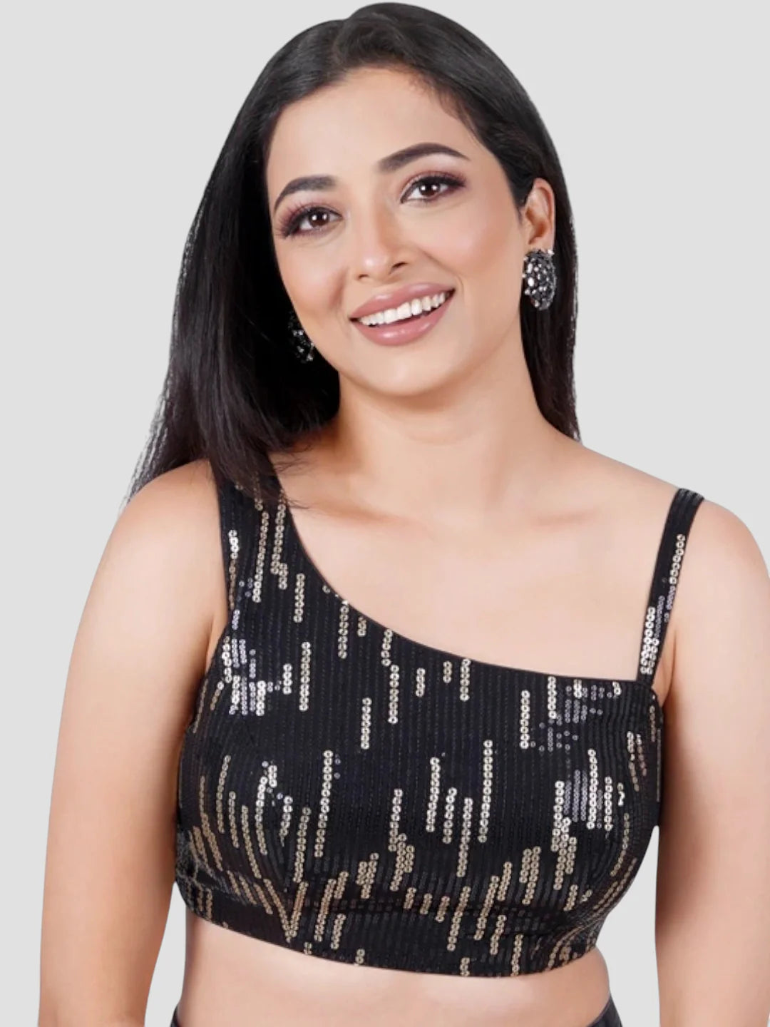 Black Gold Sequence One Shoulder Sleeveless Readymade Blouse
