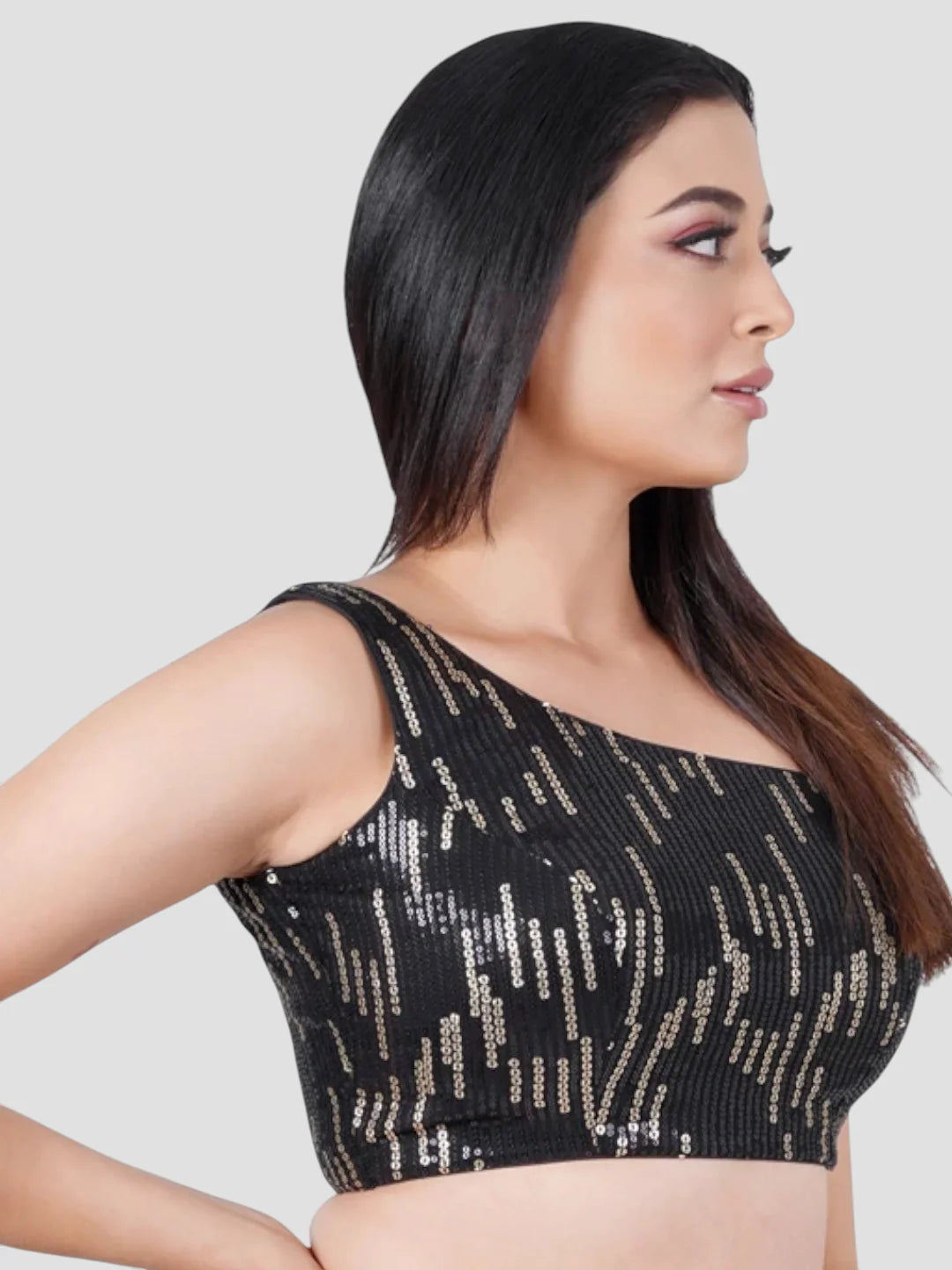 Black Gold Sequence One Shoulder Sleeveless Readymade Blouse