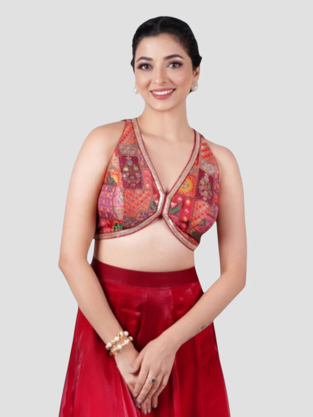 Red Brocade V Neck Sleeveless Readymade Blouse