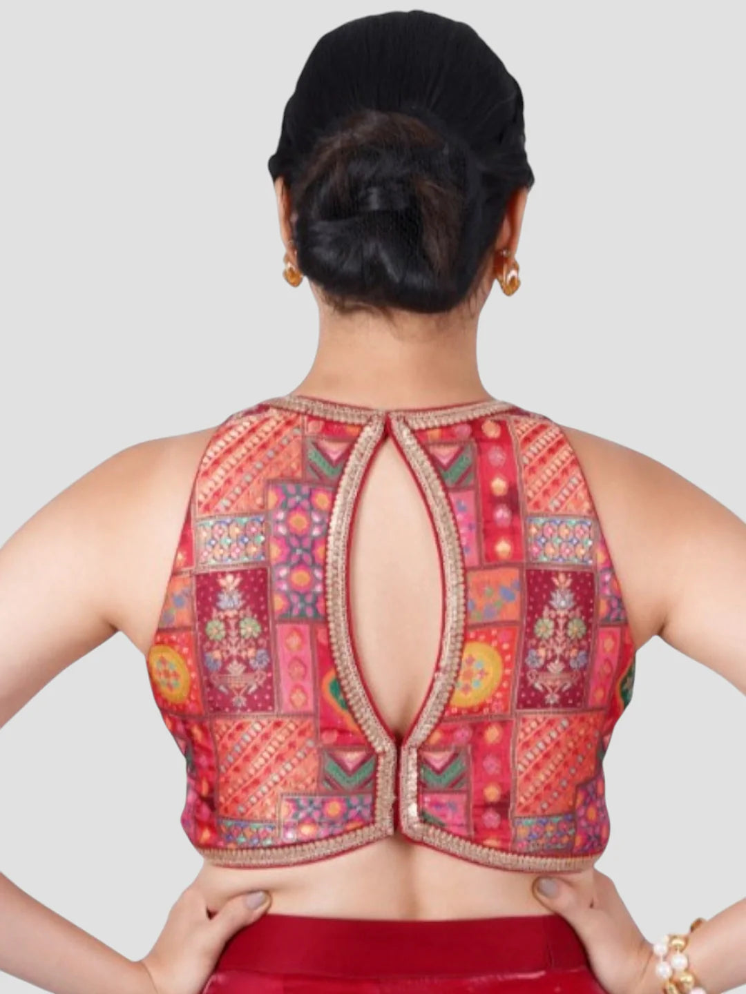 Red Brocade V Neck Sleeveless Readymade Blouse