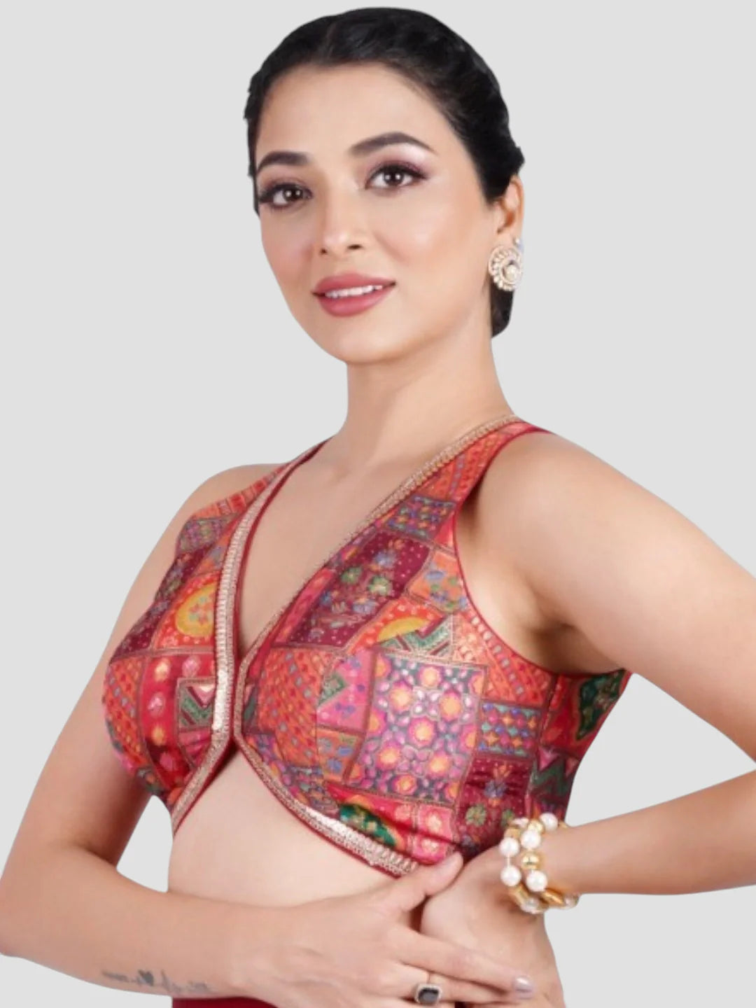 Red Brocade V Neck Sleeveless Readymade Blouse