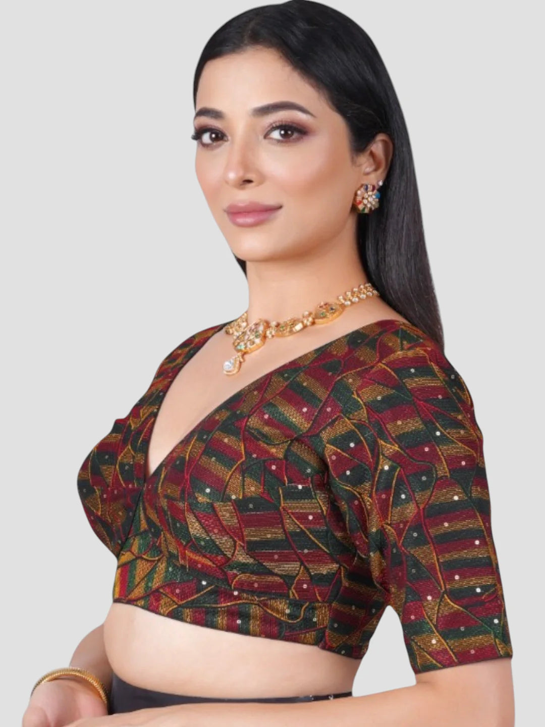 Multicolor Silk Cotton Threadwork V Neck Half Sleeve Readymade Saree Blouse