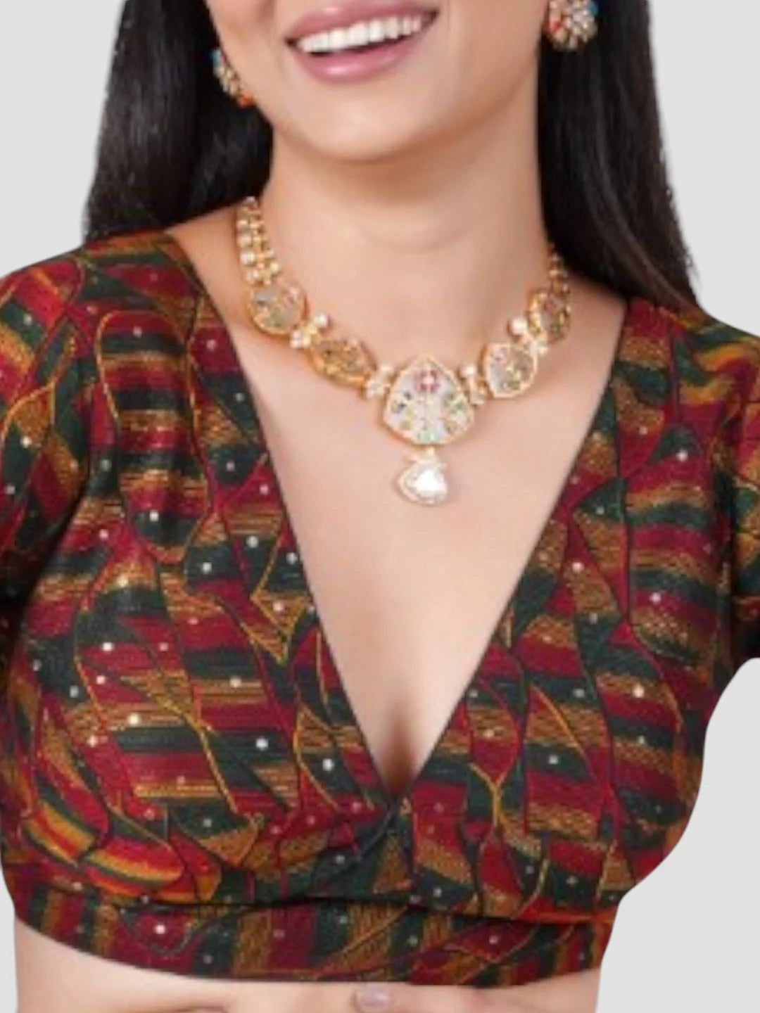 Multicolor Silk Cotton Threadwork V Neck Half Sleeve Readymade Saree Blouse