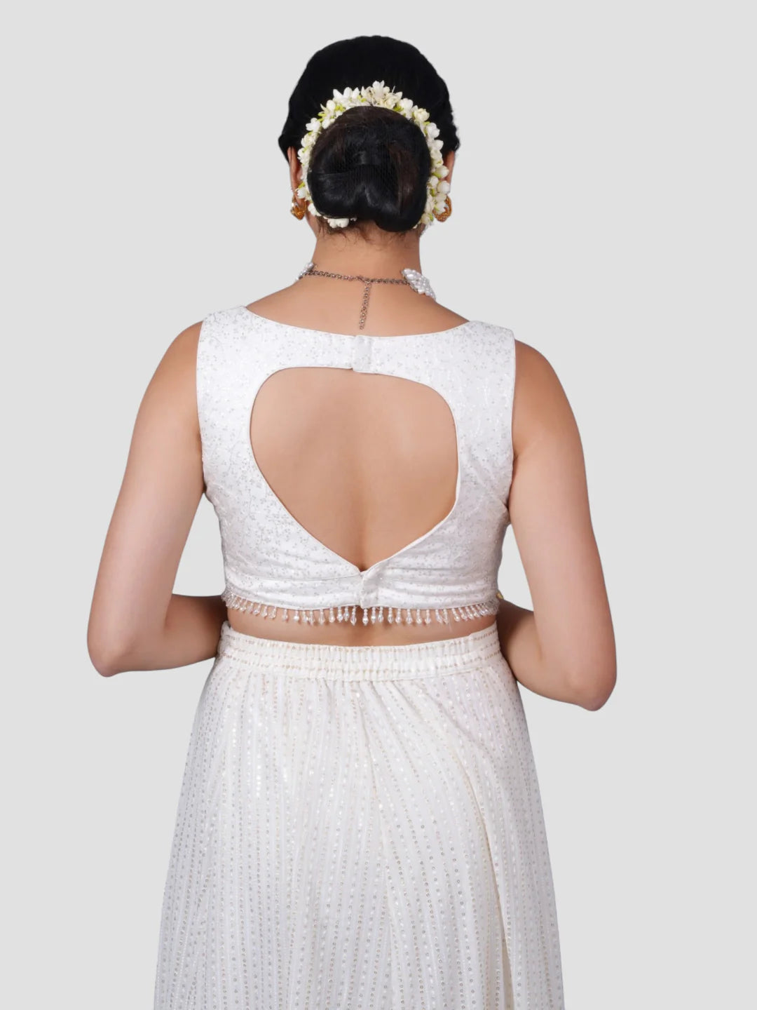 White Sequence Deep Neck Sleeveless Readymade Blouse