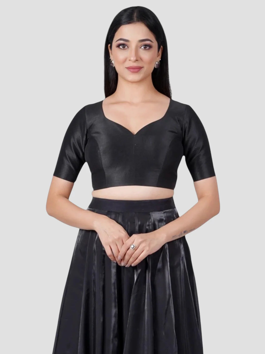 Black Silk Paan Neck Half Sleeves Readymade Blouse