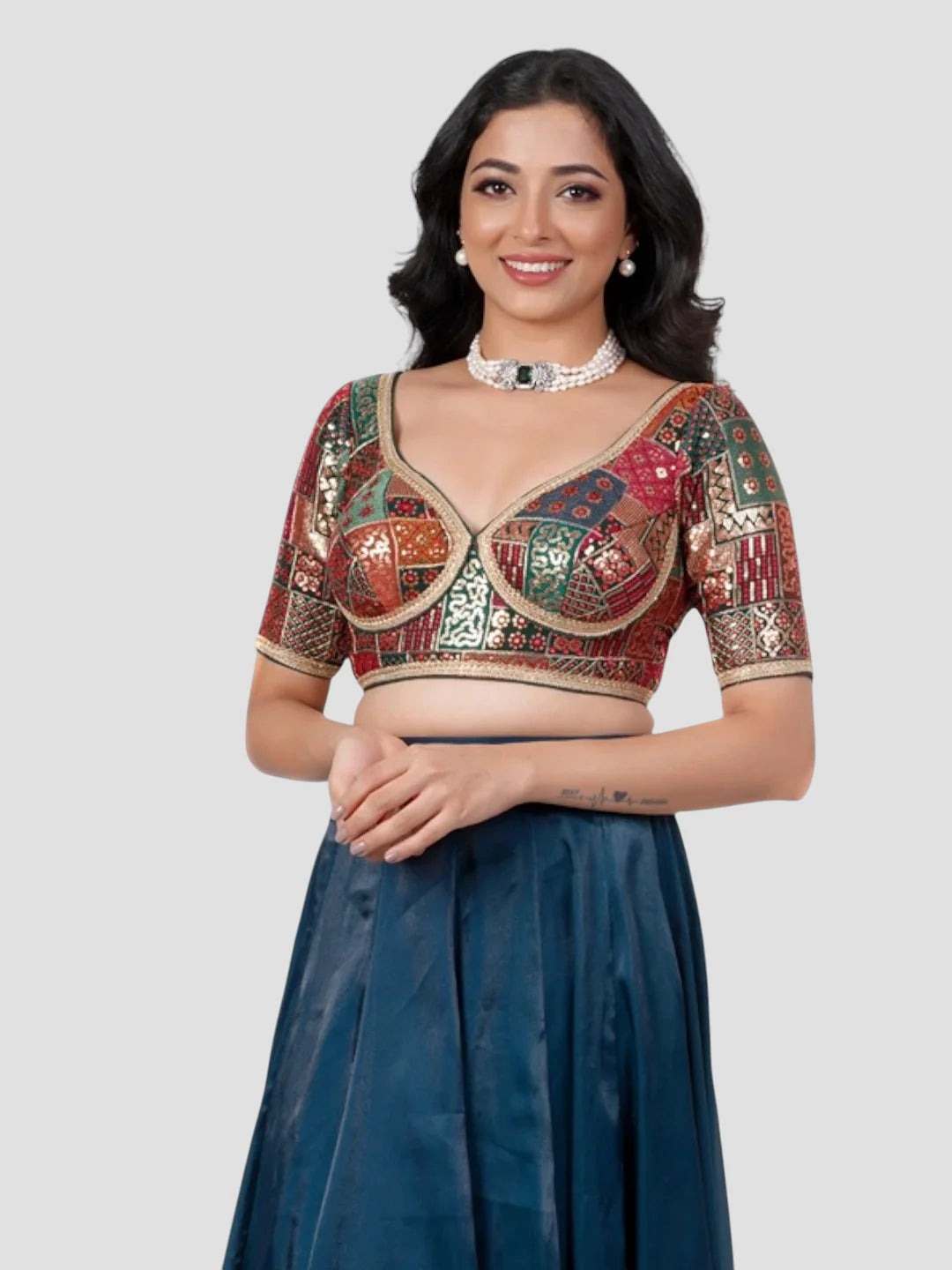 Multicolor Georgette Deep Neck Half Sleeves Readymade Katori Blouse