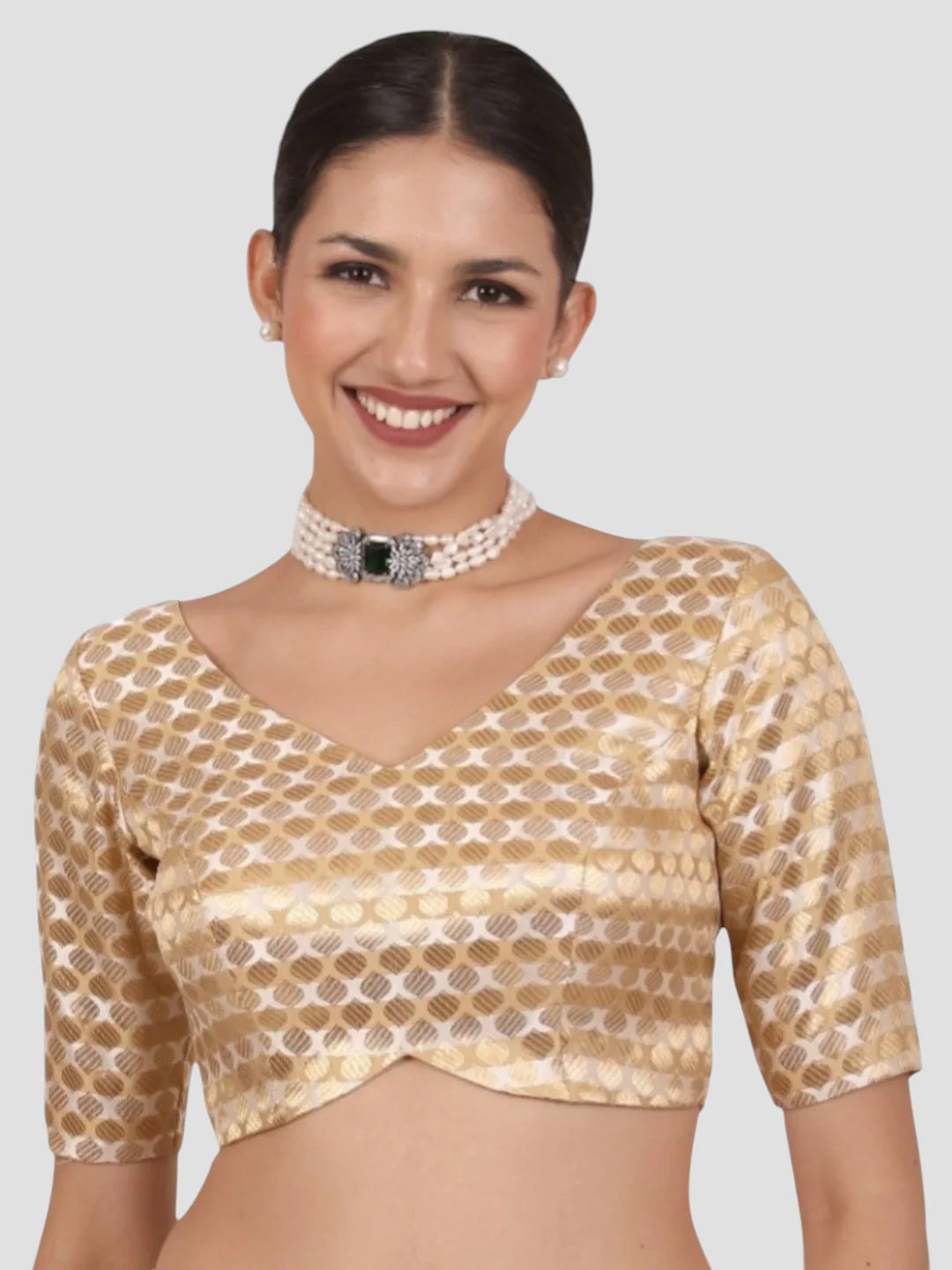 Golden Brocade Padded Readymade Saree Blouse