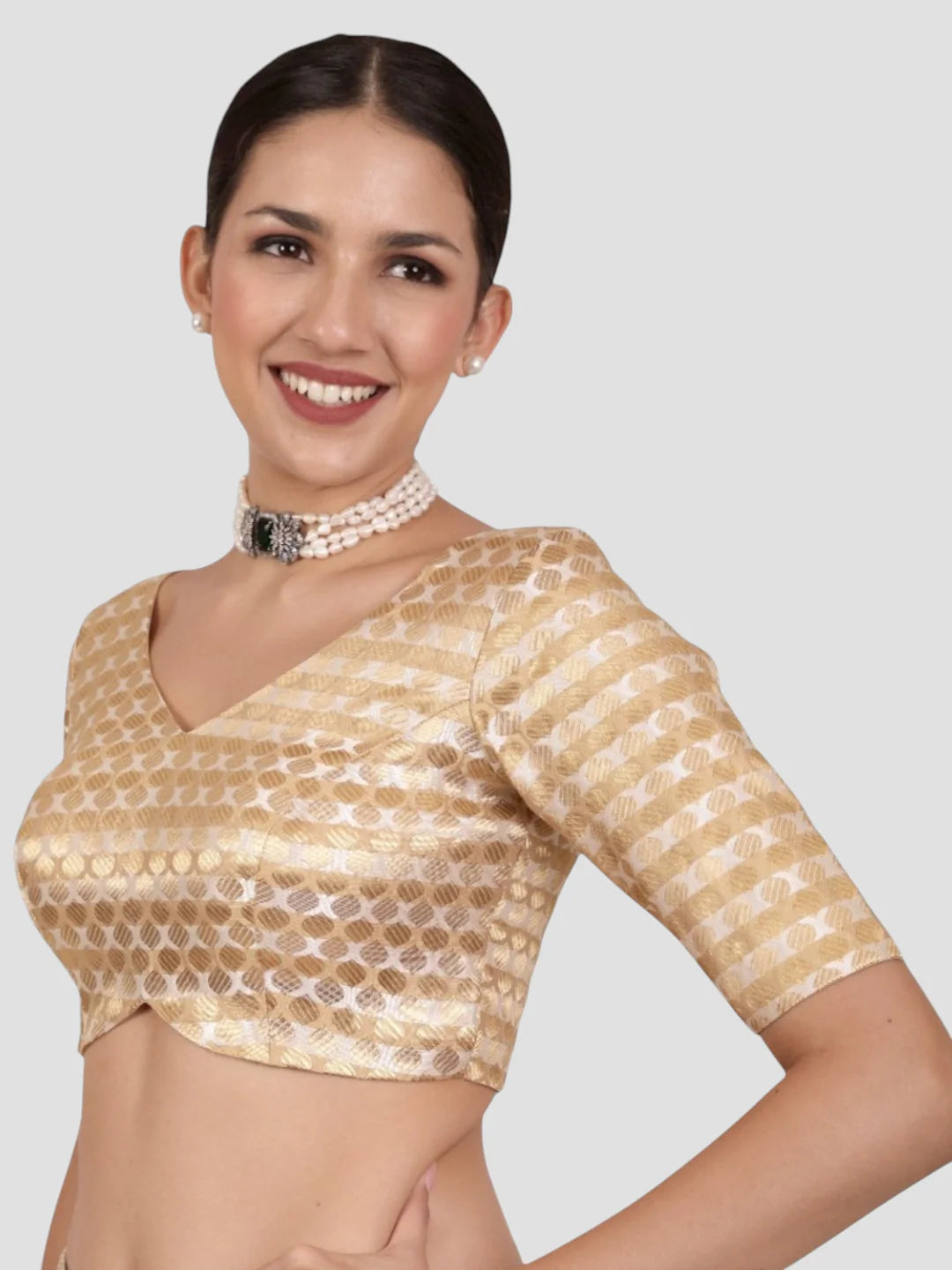 Golden Brocade Padded Readymade Saree Blouse