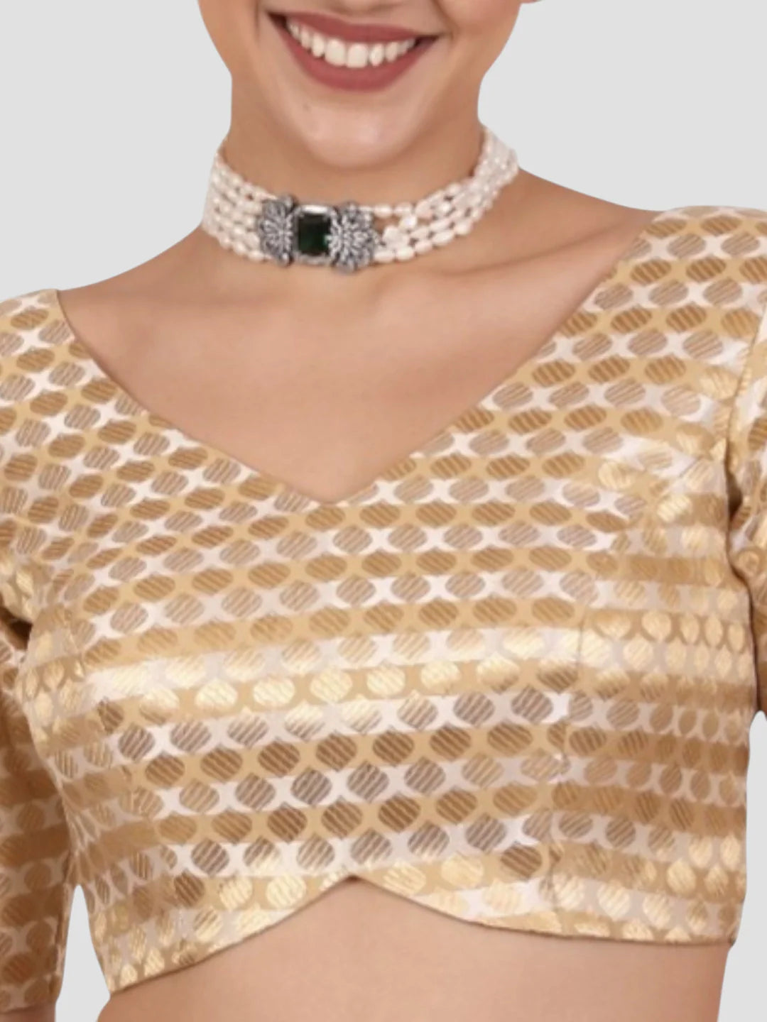 Golden Brocade Padded Readymade Saree Blouse