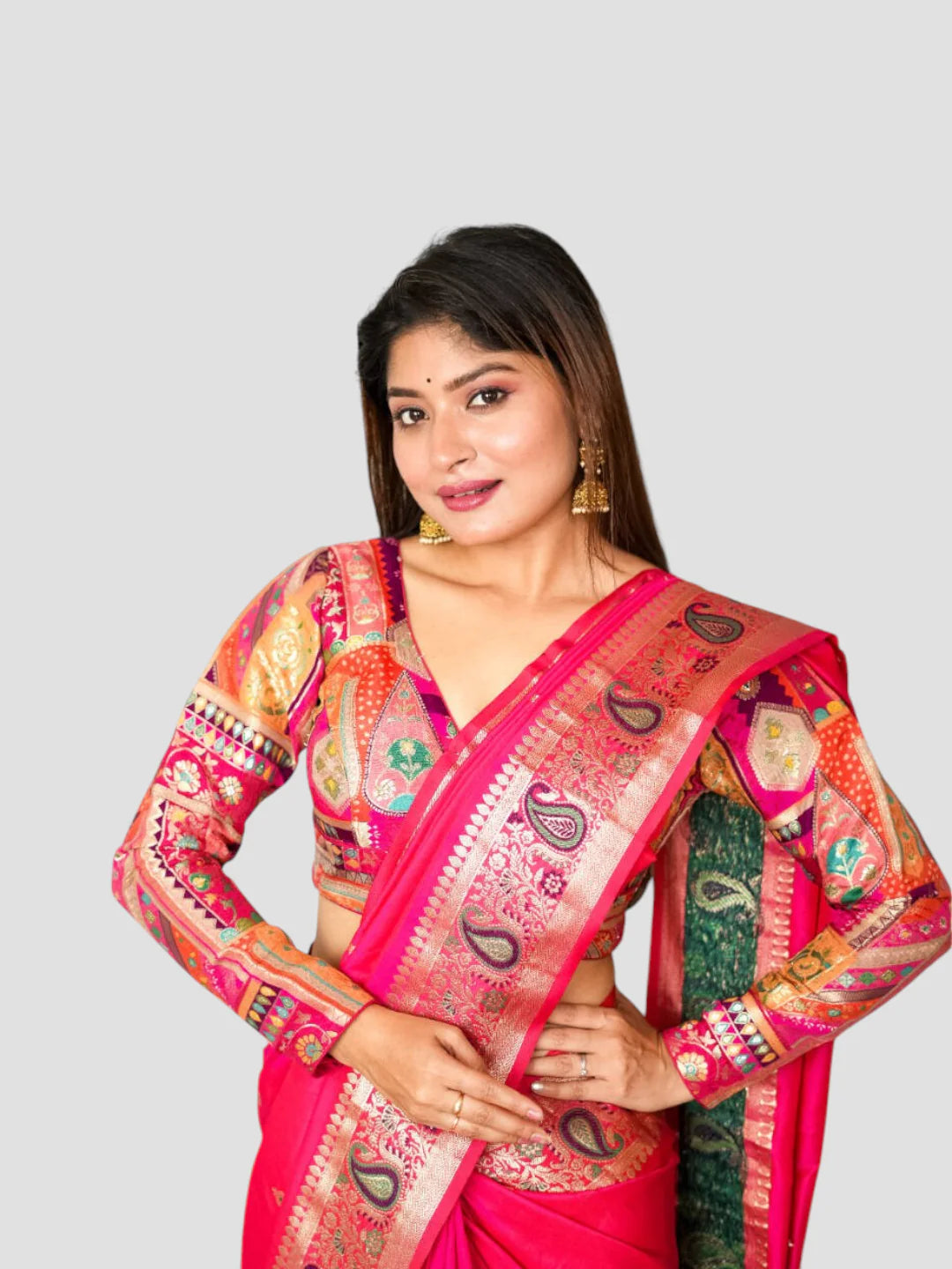 Pink Banarasi Silk V Neck Full Sleeves Readymade Blouse