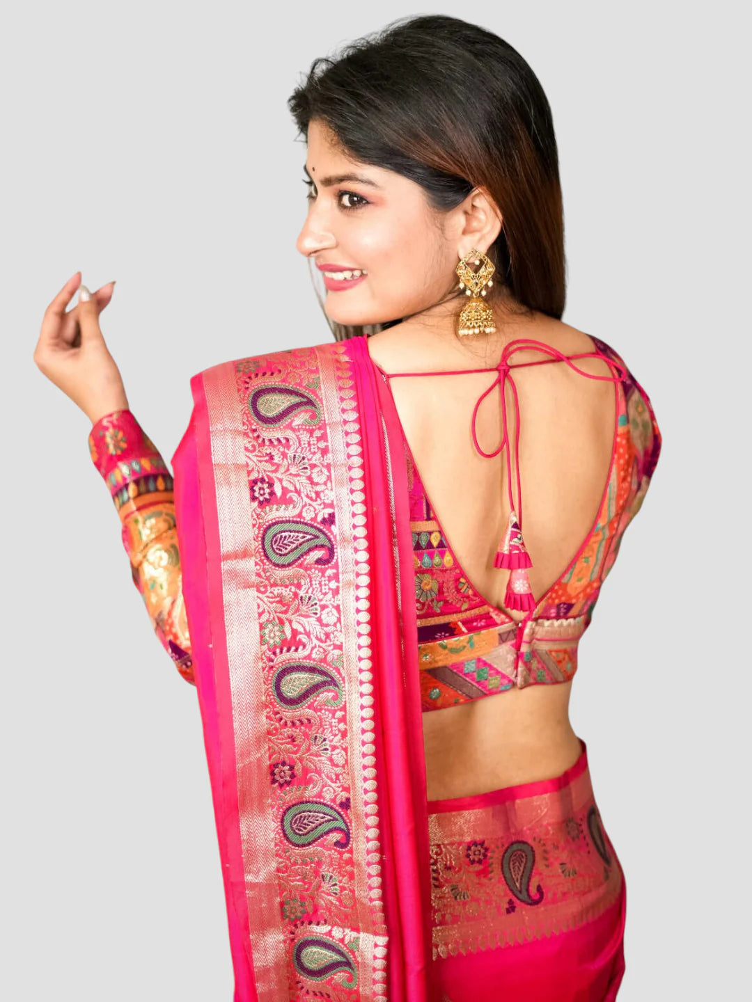 Pink Banarasi Silk V Neck Full Sleeves Readymade Blouse