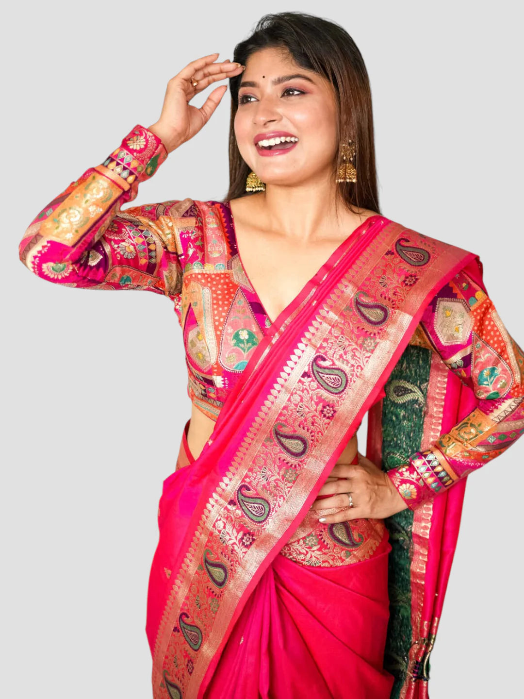 Pink Banarasi Silk V Neck Full Sleeves Readymade Blouse