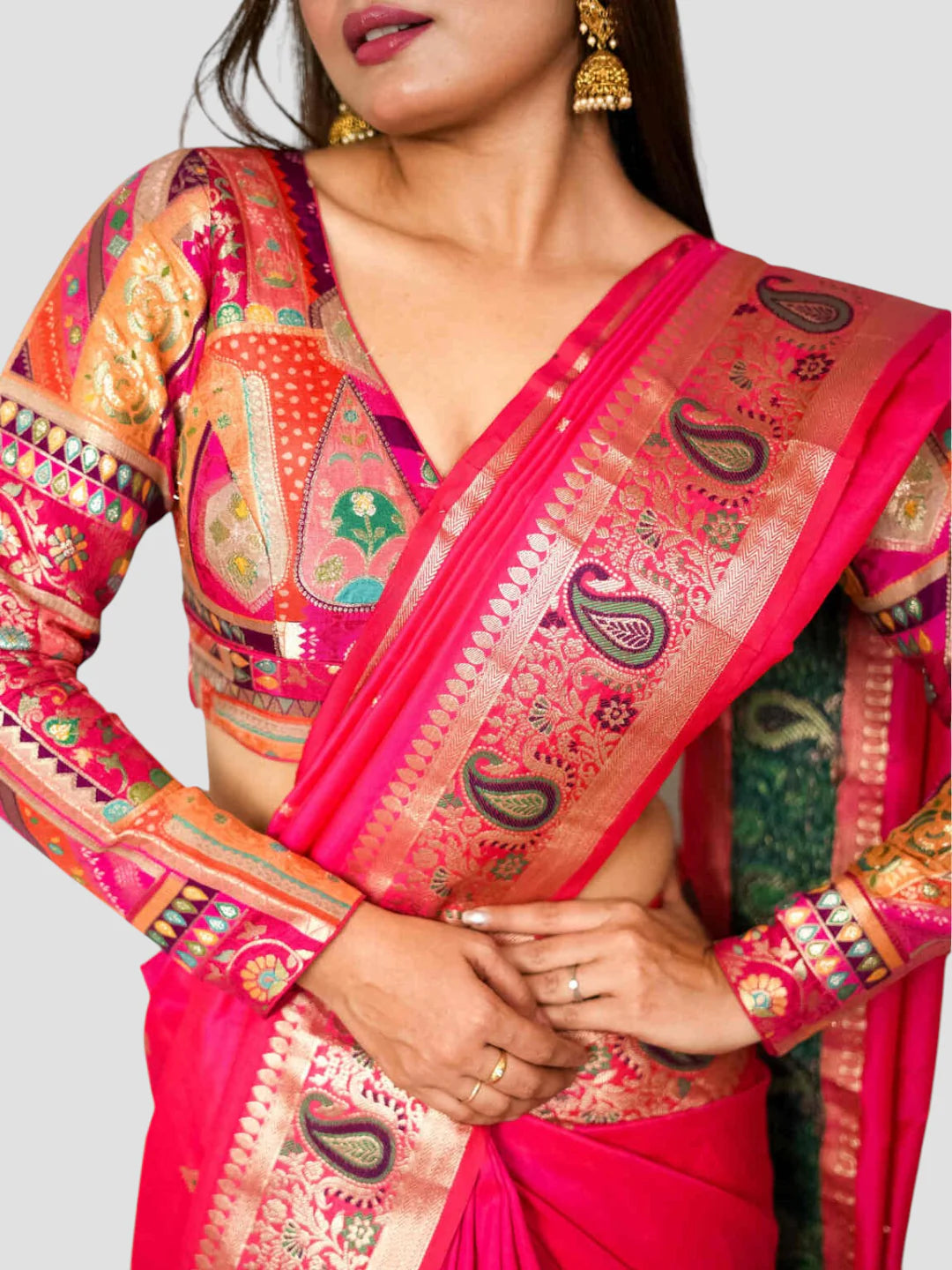 Pink Banarasi Silk V Neck Full Sleeves Readymade Blouse