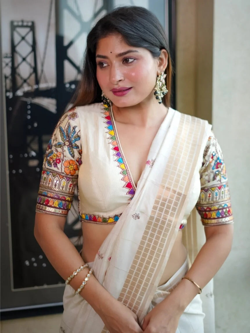 White Tissue Deep Neck Half Sleeves Readymade Blouse