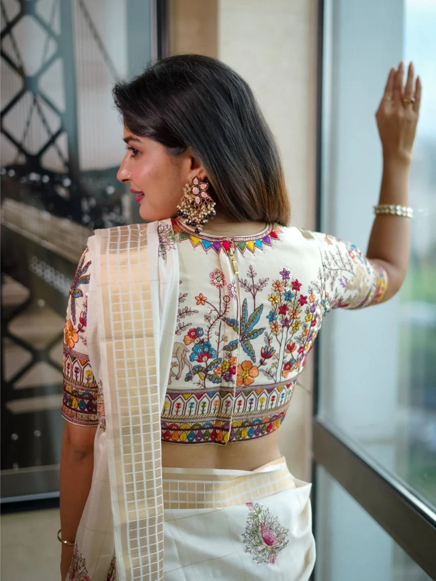 White Tissue Deep Neck Half Sleeves Readymade Blouse