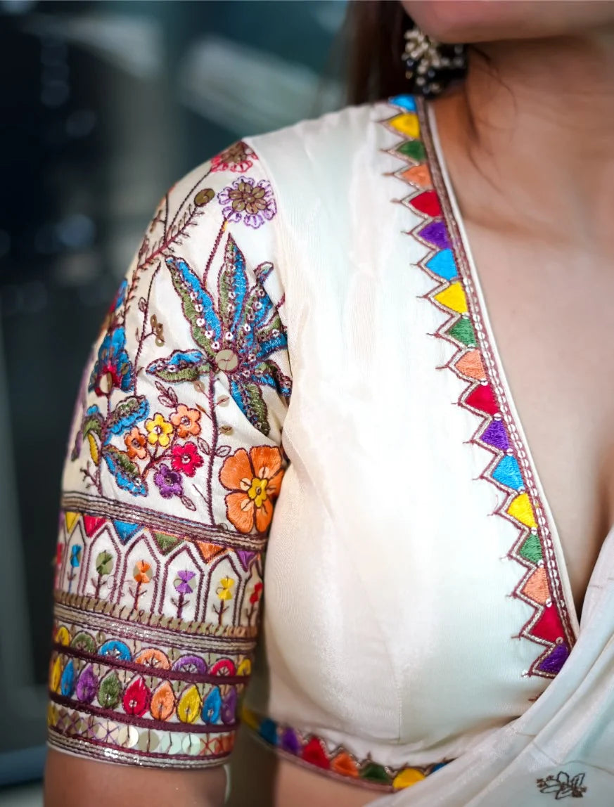 White Tissue Deep Neck Half Sleeves Readymade Blouse