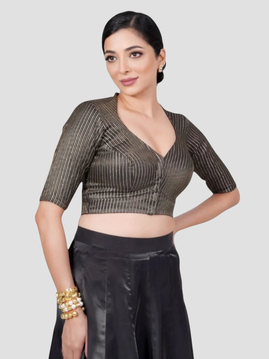 Black Silk Deep Neck Half Sleeves Readymade Blouse