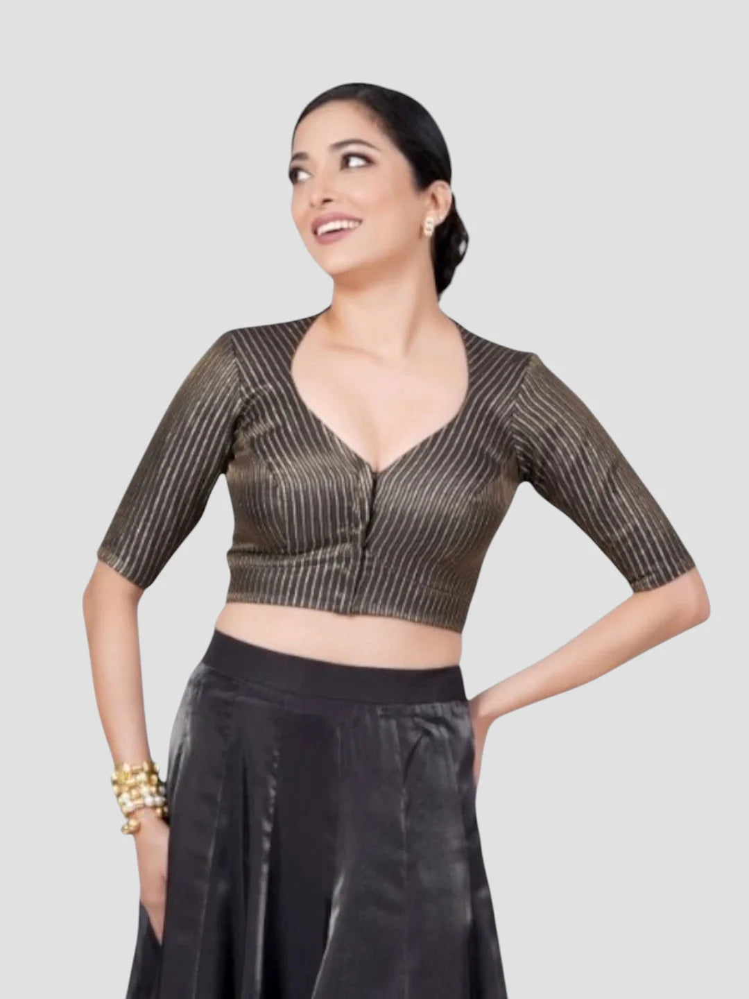 Black Silk Deep Neck Half Sleeves Readymade Blouse