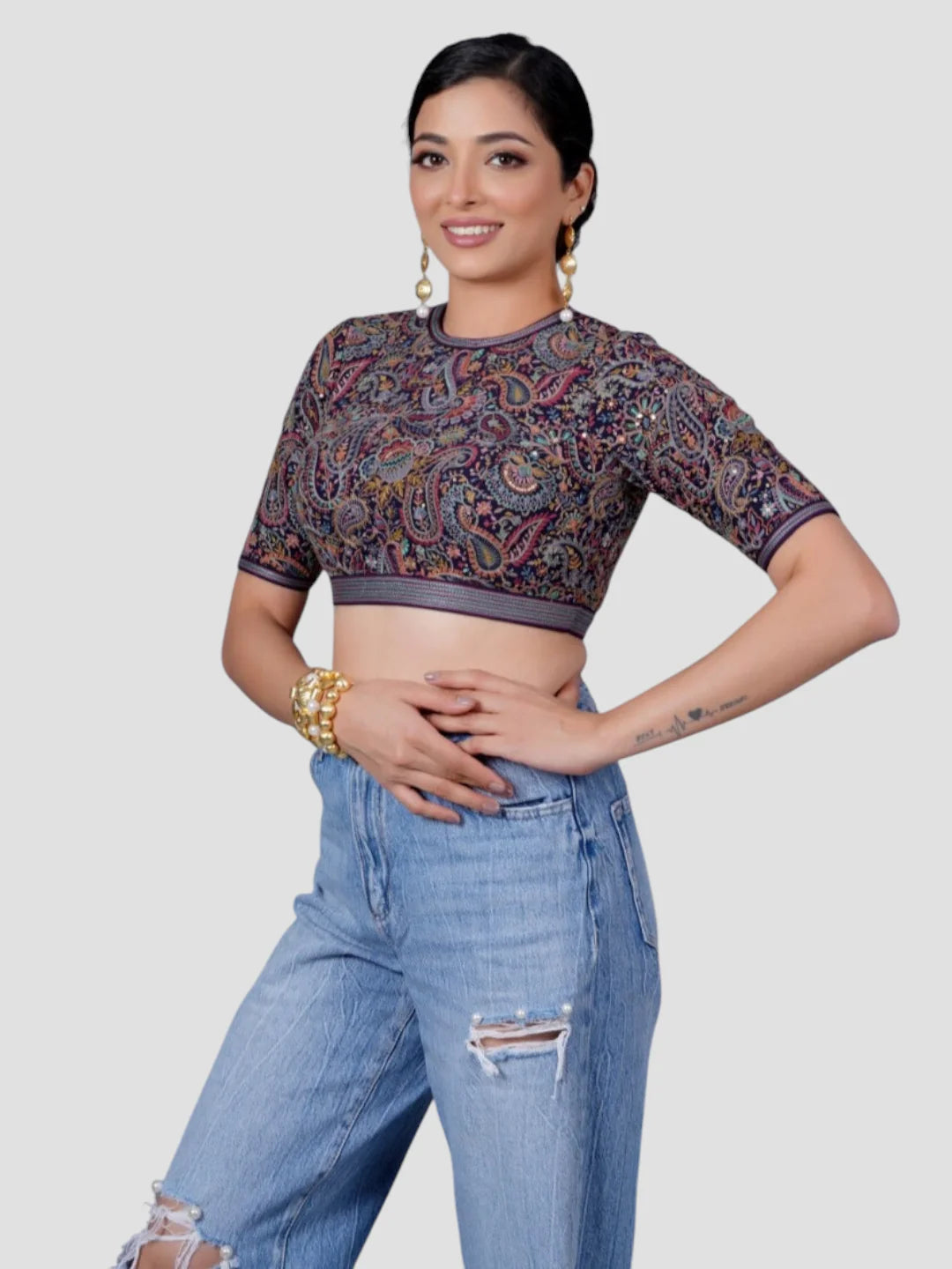 Multicolor Silk High Neck Half Sleeves Readymade Blouse