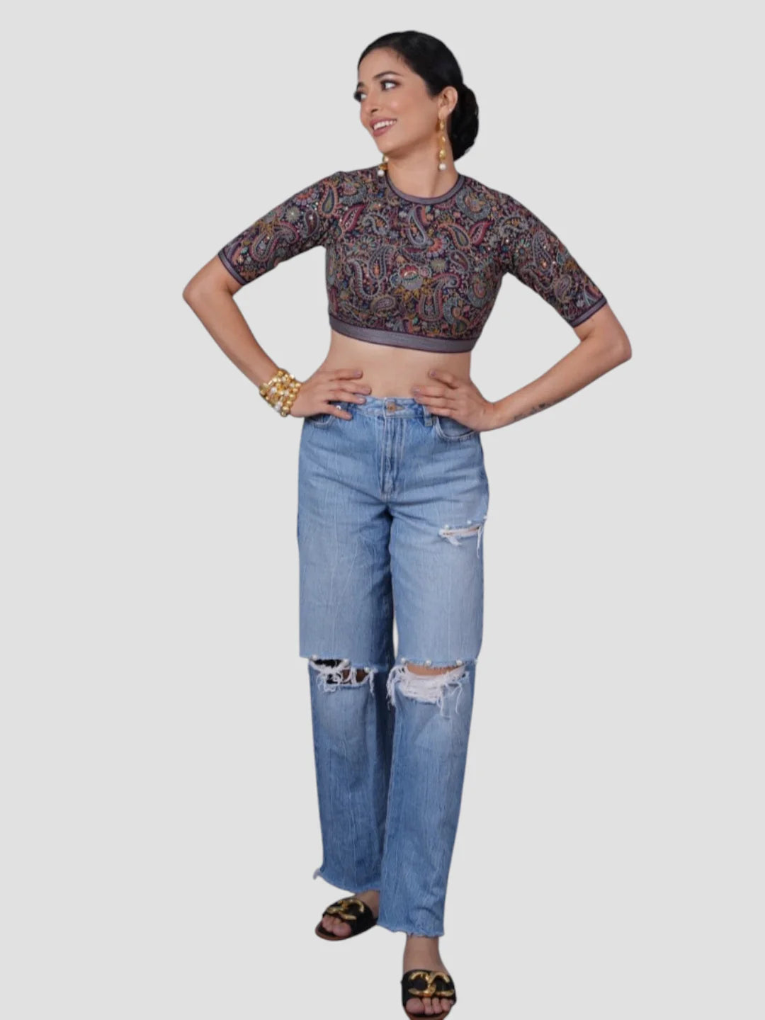 Multicolor Silk High Neck Half Sleeves Readymade Blouse