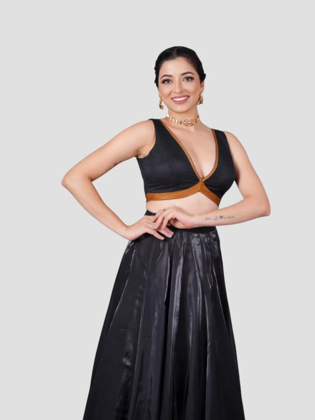 Black Silk V Neck Sleeveless Readymade Blouse